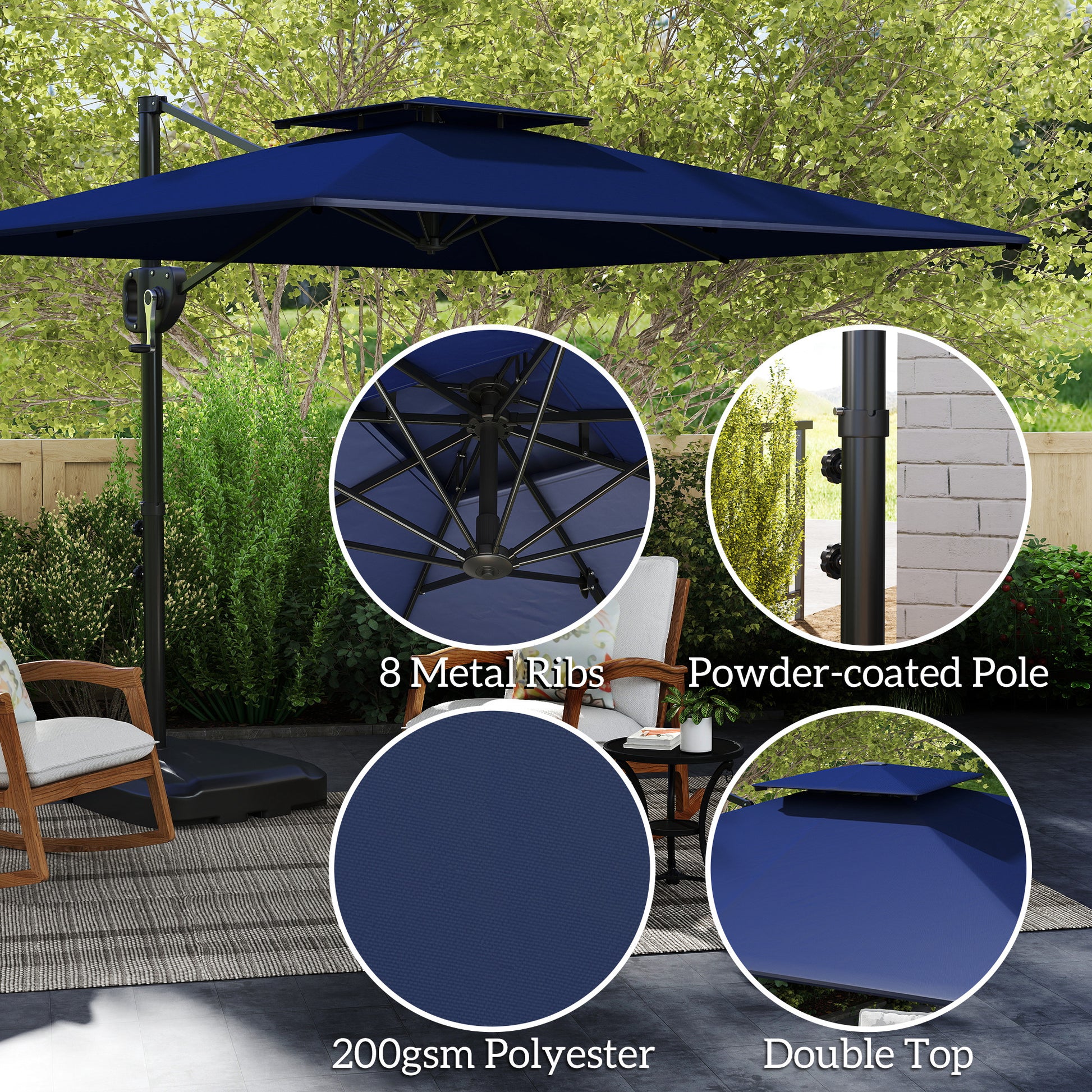 Square Cantilever Patio Umbrella, Double Top Patio Hanging Offset Umbrella with Crank & Tilt, 8' x 9', Dark Blue