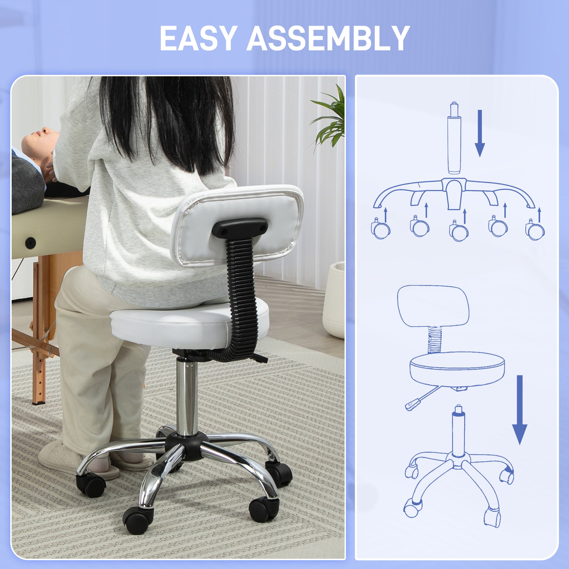 Adjustable Rolling Stool with Removable Backrest, Faux Leather Swivel Stool Chair for Salon Spa, Bar, Massage, White
