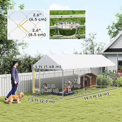 Outdoor Dog Run with Adjustable & Rotatable Bowls, Waterproof UV-Resistant Cover, Escape-Proof Lock, 19.7' x 7.5' x 7.5'