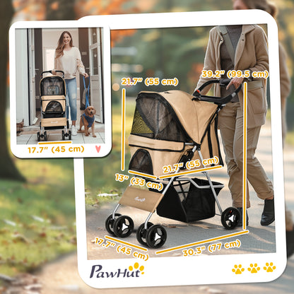 Pet Stroller Foldable Carrier for Cat, Dog and More 4 Wheels Travel Jogger with Cup Holder, Storage Basket, 360 ° swiveling front wheels, Easy Fold, Coffee