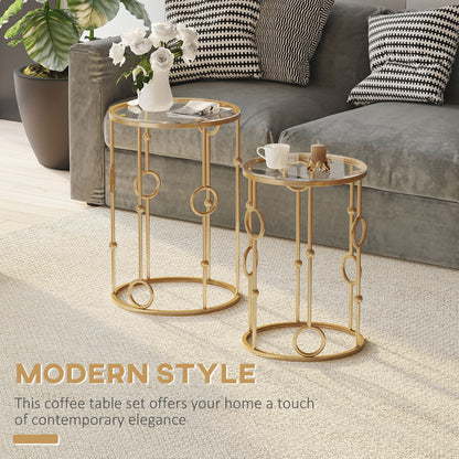 Round Coffee Tables Set of 2, Gold Nesting Side End Tables with Tempered Glass Top, Steel Frame for Living Room