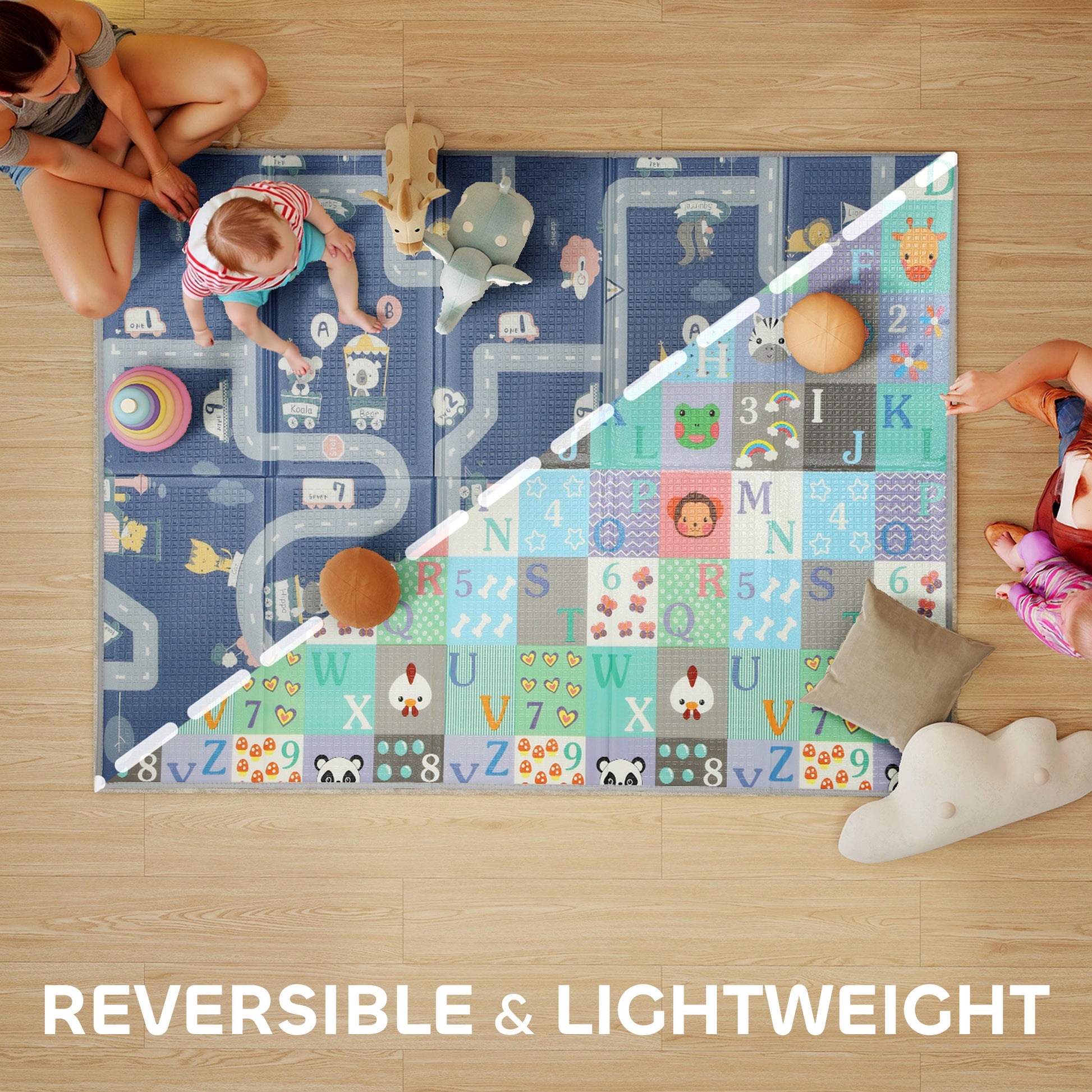 Qaba Foldable Baby Plat Mat, 79" x 59" Kids Floor Mat for Crawling and Learning, Alphabet & Track Theme
