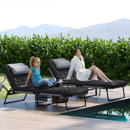 2-Piece Folding Lounge Chairs with Adjustable Backrest, Tanning Chair with Cushion, Side Pocket, Headrest, Black