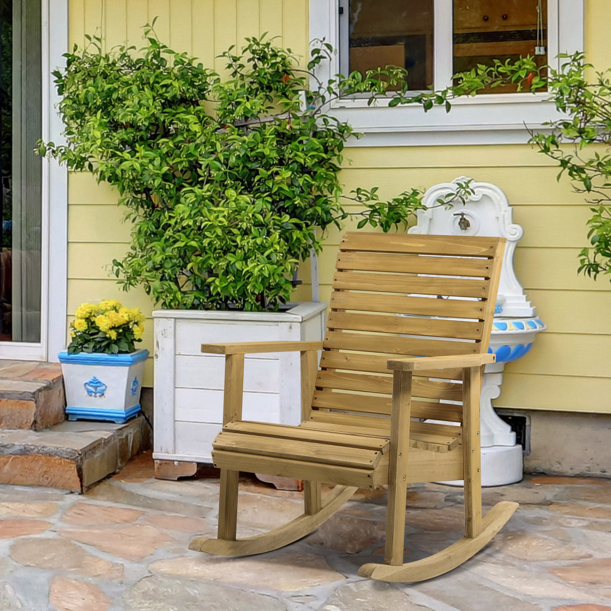 Wooden Outdoor Rocking Chair, Patio Traditional Rocking Chair, Slatted Structure Porch Rocker w/ Armrest for Both Outdoor and Indoor, Light Brown