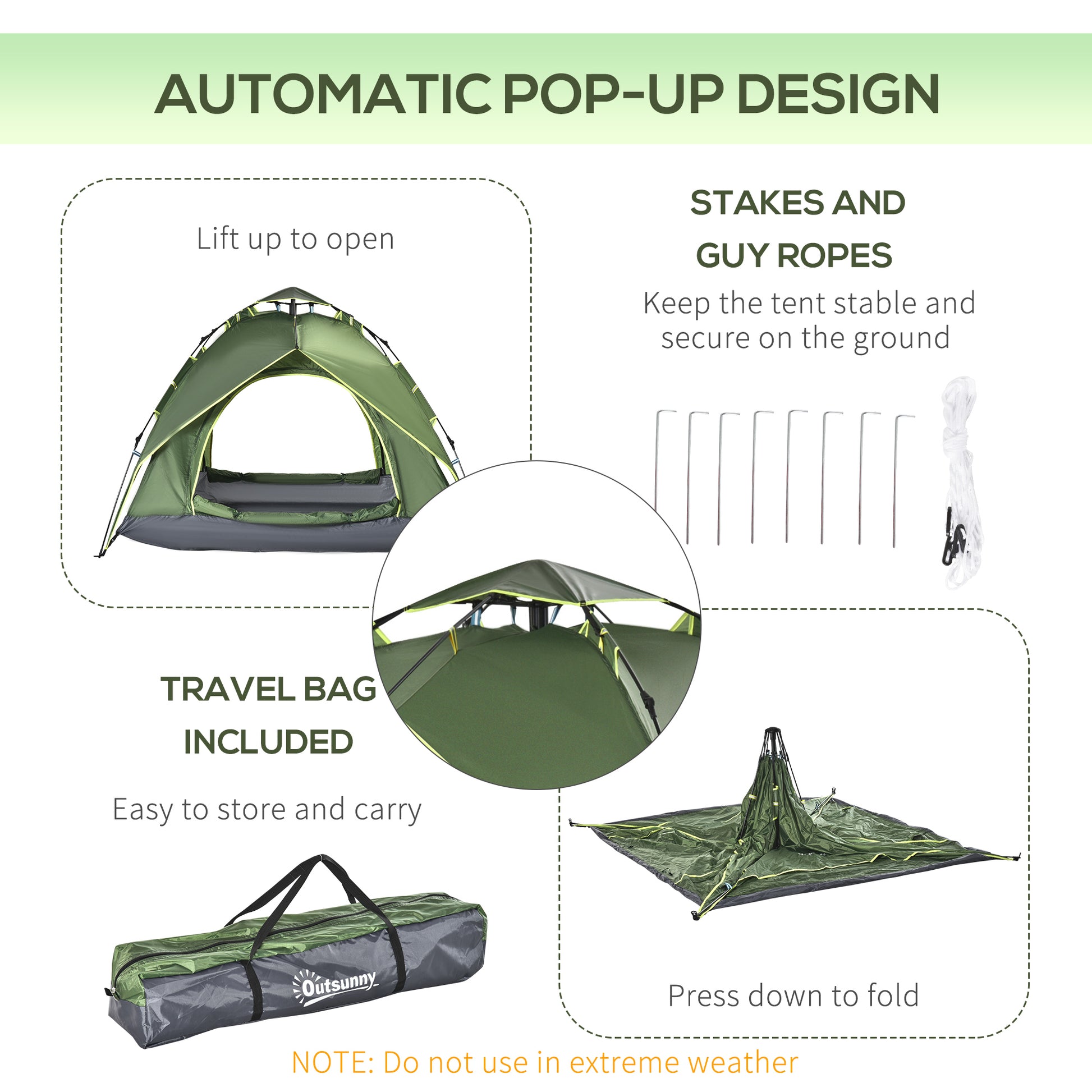 Camping Tent, 3 Person Family Tent, 1000mm Waterproof, with Sewn-in Groundsheet and Carry Bag, for Fishing, Dark Green