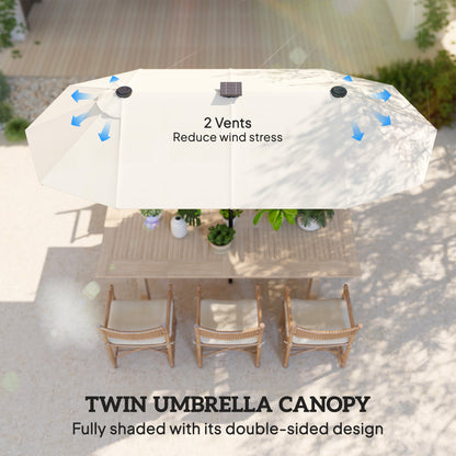 10ft Double-Sided Patio Umbrella with 35 LED Lights, 12 ribs, Extra Large Outdoor Parasol with Twin Canopy, Beige