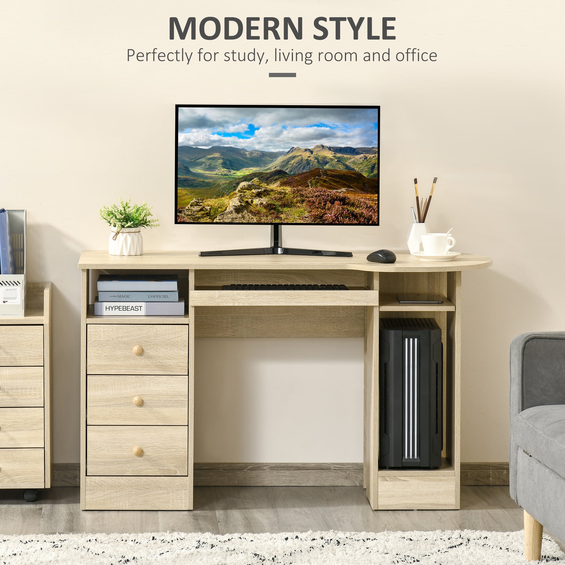 Computer Desk with Storage, Home Office Laptop Table with Shelves and Drawers, Modern Workstation Desk with Keyboard Tray