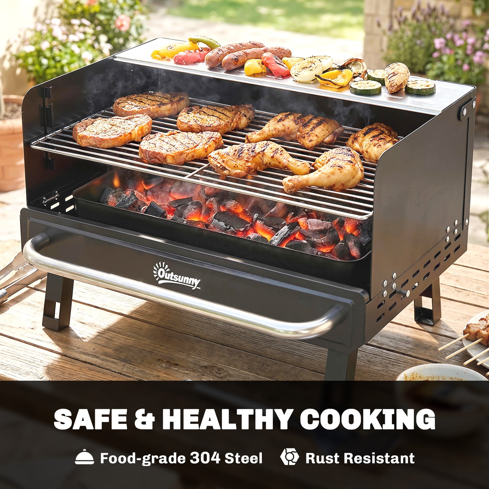 Charcoal BBQ Grill, Portable Barbecue Grill with Adjustable Grates, Foldable Legs, Side Shelf for Camping Travel, Black