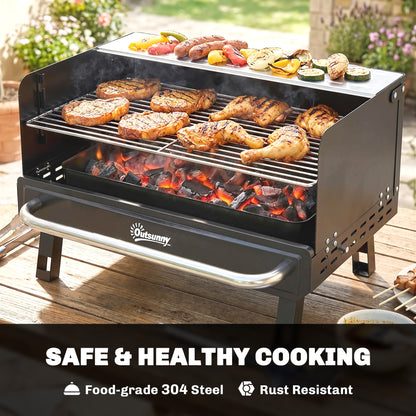 Charcoal BBQ Grill, Portable Barbecue Grill with Adjustable Grates, Foldable Legs, Side Shelf for Camping Travel, Black