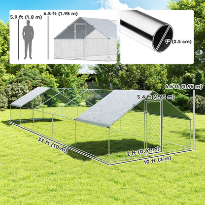 Metal Chicken Coop with Water- and UV-Protection Cover for Backyard Hen, Duck, Rabbit, 32.8' x 9.8' x 6.4'