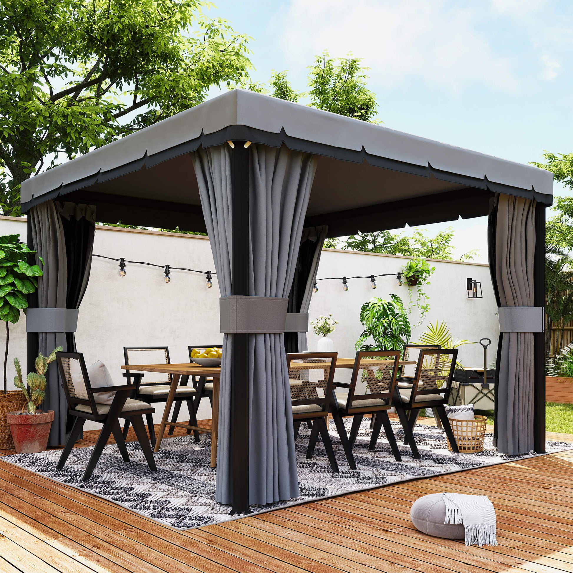 10' x 10' 2-Tier Outdoor Gazebo Canopy Tent with Zippered Mesh Sidewalls, Aluminum Frame for Patio, Backyard Light Grey