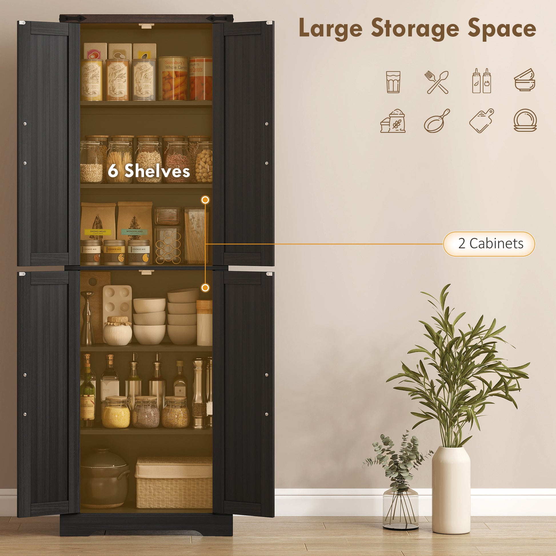72" Pantry Cabinet, Farmhouse Freestanding Kitchen Storage Cabinet with Adjustable Shelves for Dining Room, Black