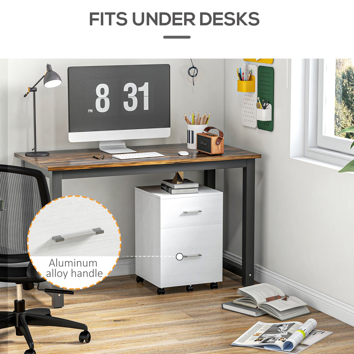 Mobile Filing Cabinet, Vertical File Cabinet with 2 Drawers, Wheels, for Letter or A4 File, White