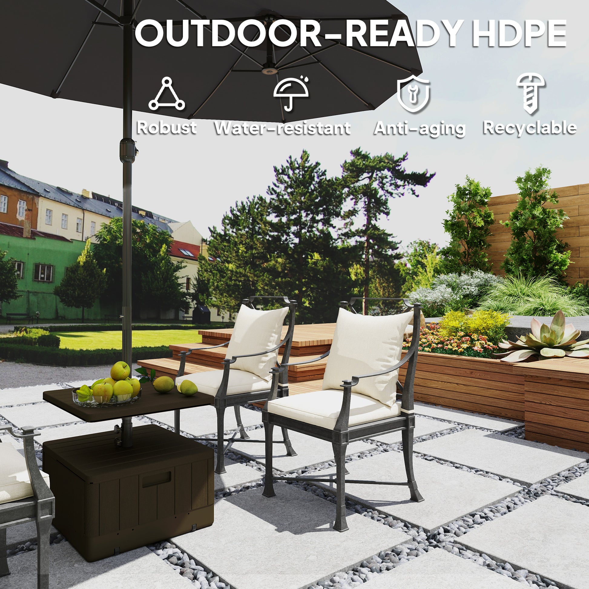 Patio Umbrella Weighted Base with Table Tray, Heavy Duty Umbrella Base with Wheels Handles, Brown