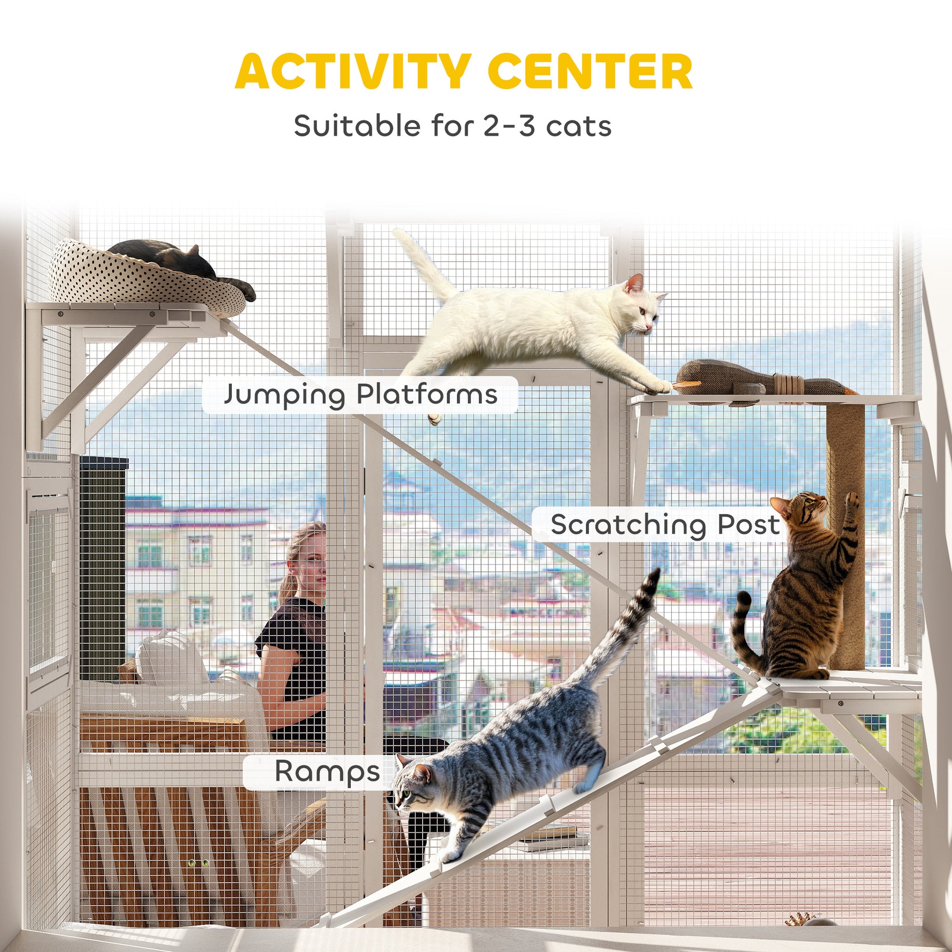 Large Outdoor Catio with 6 Jumping Platforms, Scratching Post, 2 Ramps, Waterproof Roof, White