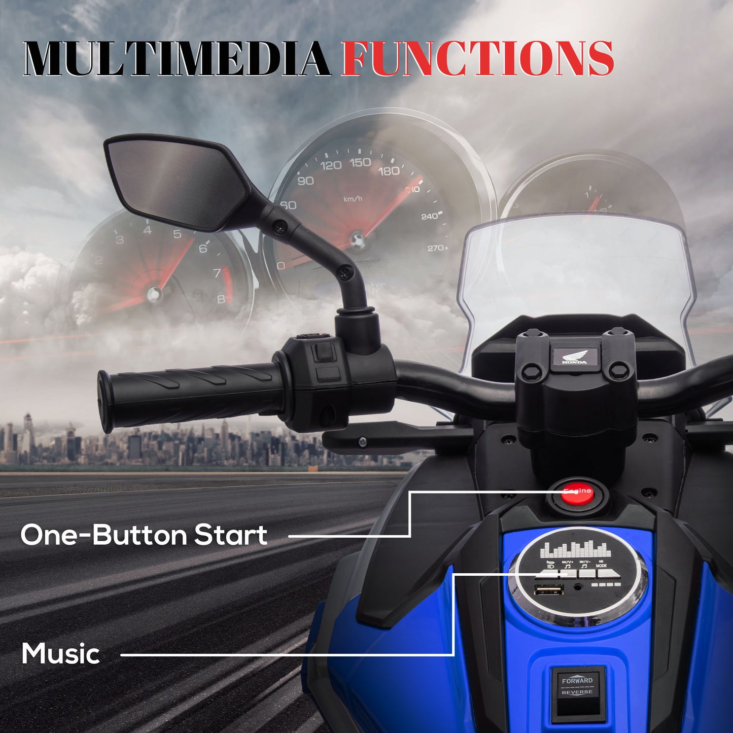 Qaba Honda Licensed 12V Ride on Motorbike for Kids with Headlights Music Training Wheels, for 3-6 Years, Blue
