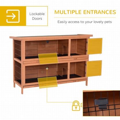 54"L 2-Story Large Rabbit Hutch Bunny Cage Wooden Pet House Small Animal Habitat with Lockable Doors, No Leak Tray and Waterproof Roof for Outdoor/Indoor Orange