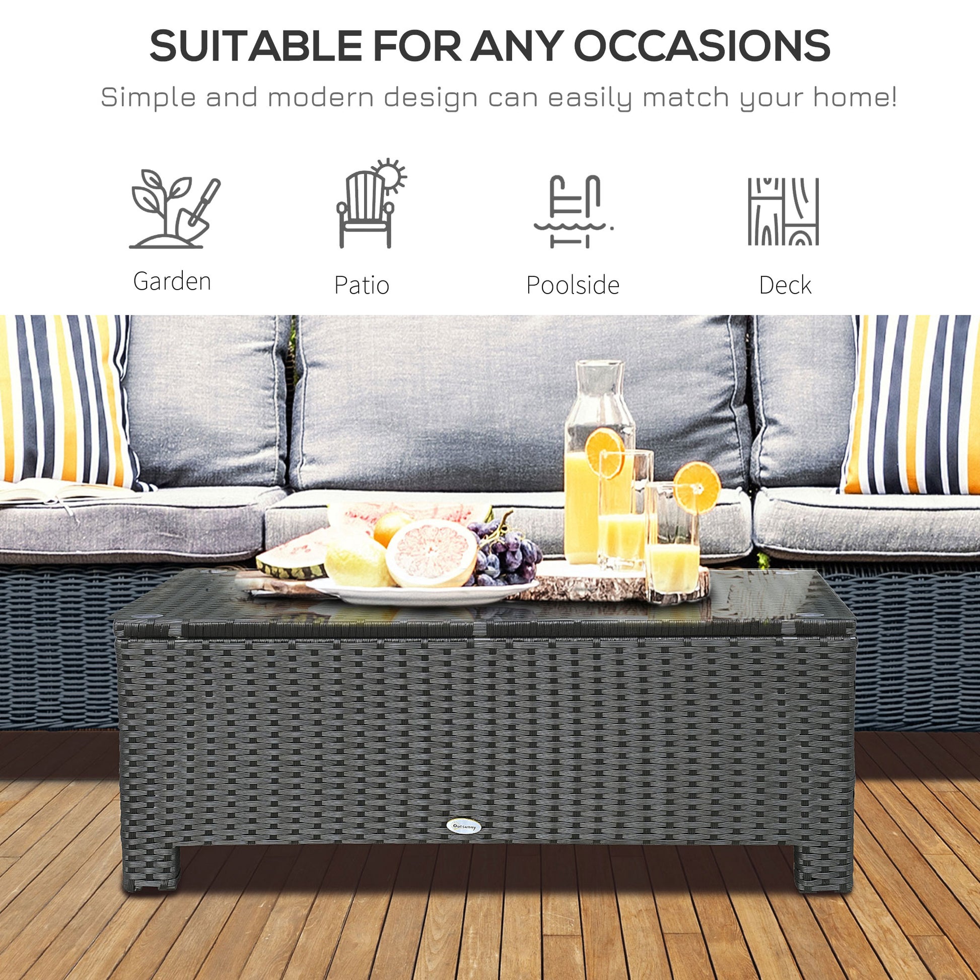 Rattan Coffee Table, Patio Side Table, Hand-woven Wicker Furniture with Tempered Glass Top Outdoor Garden Patio, Black