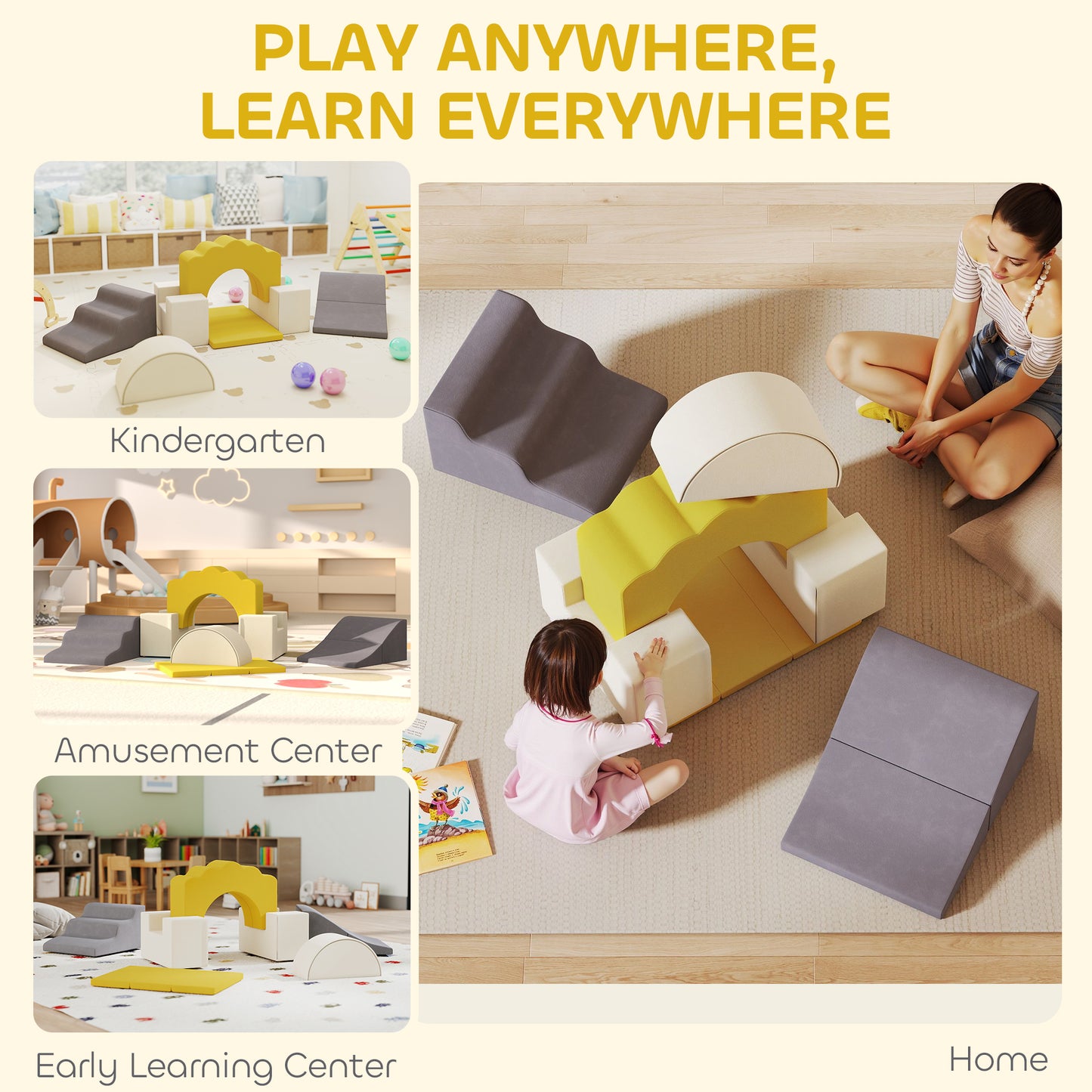 Qaba 7-Piece Baby Soft Play Set, Indoor Soft Play Gym Activity Play Set for Crawling, Sliding and Playing, Yellow