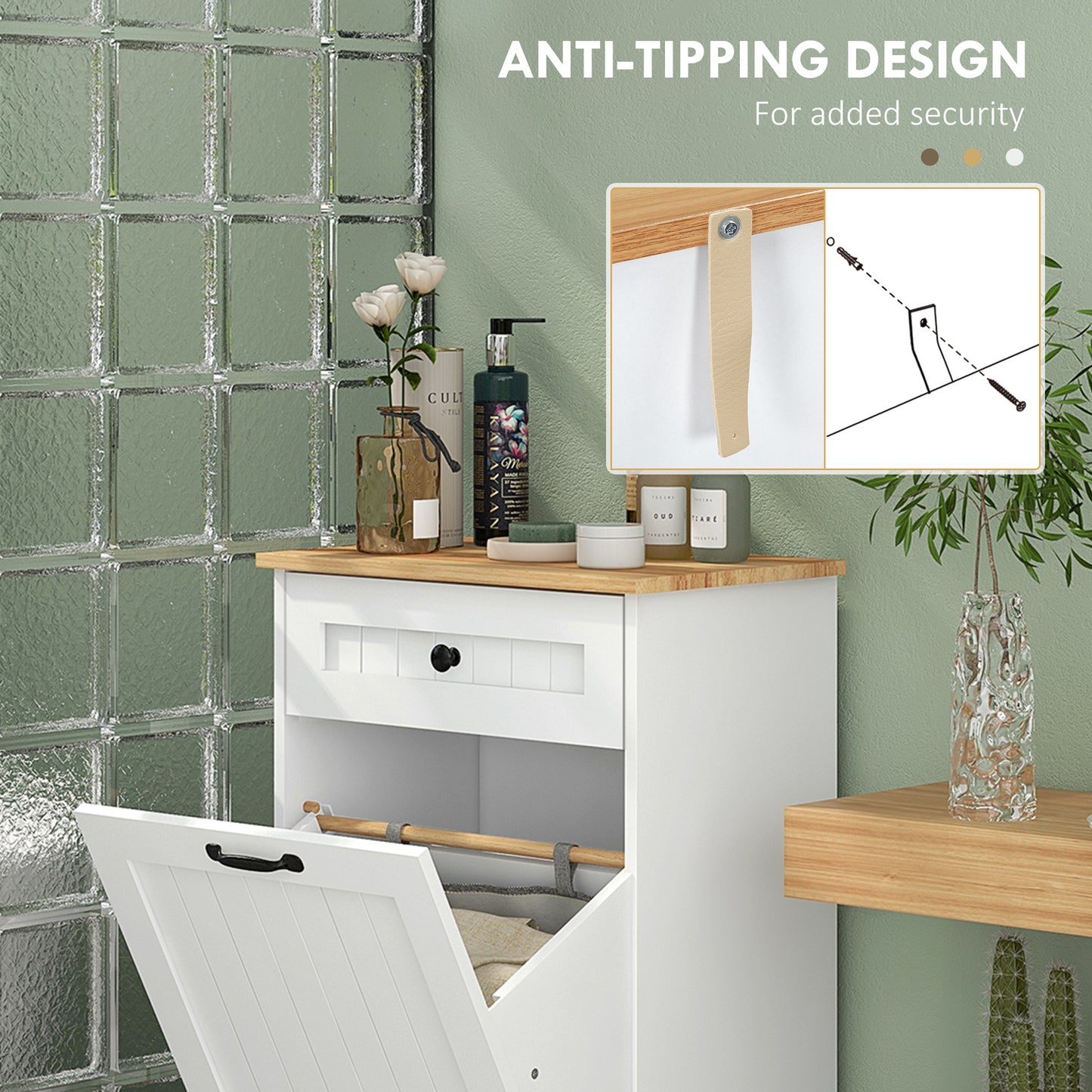 Laundry Cabinet with Removable Basket and Drawer, Tilt-Out Laundry Hamper for Bathroom, Living Room, White
