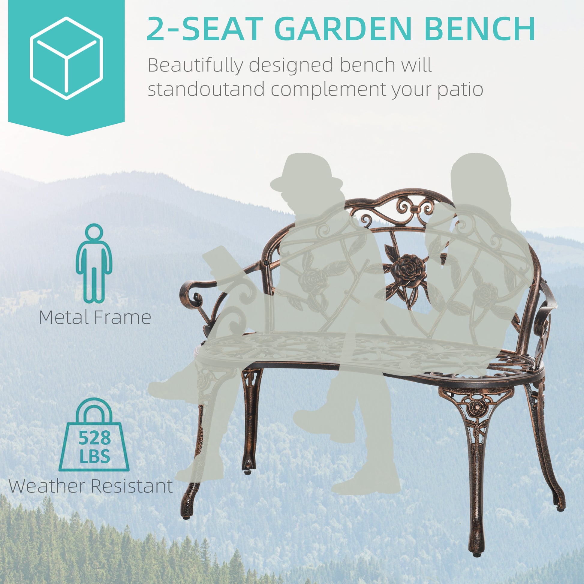 40" Outdoor Garden Bench, Cast Aluminum Antique Rose Style Patio Garden Park Loveseat Bench for Backyard, Porch, Balcony, Lawn, Bronze