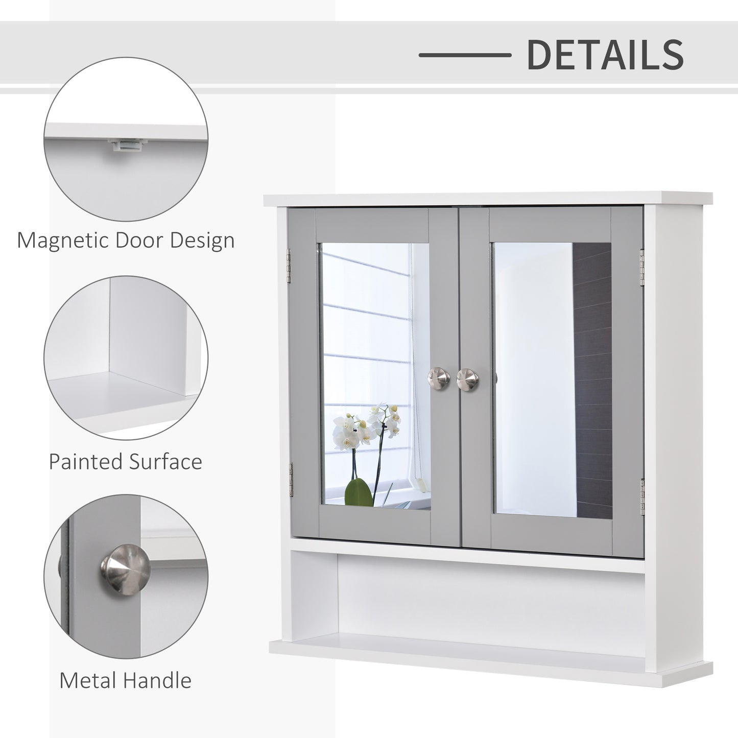 Medicine Cabinet, Wall-Mounted Bathroom Mirror Cabinet with Double Doors, Open Shelf, and Adjustable Shelf, Modern Bathroom Wall Cabinet, White and Grey
