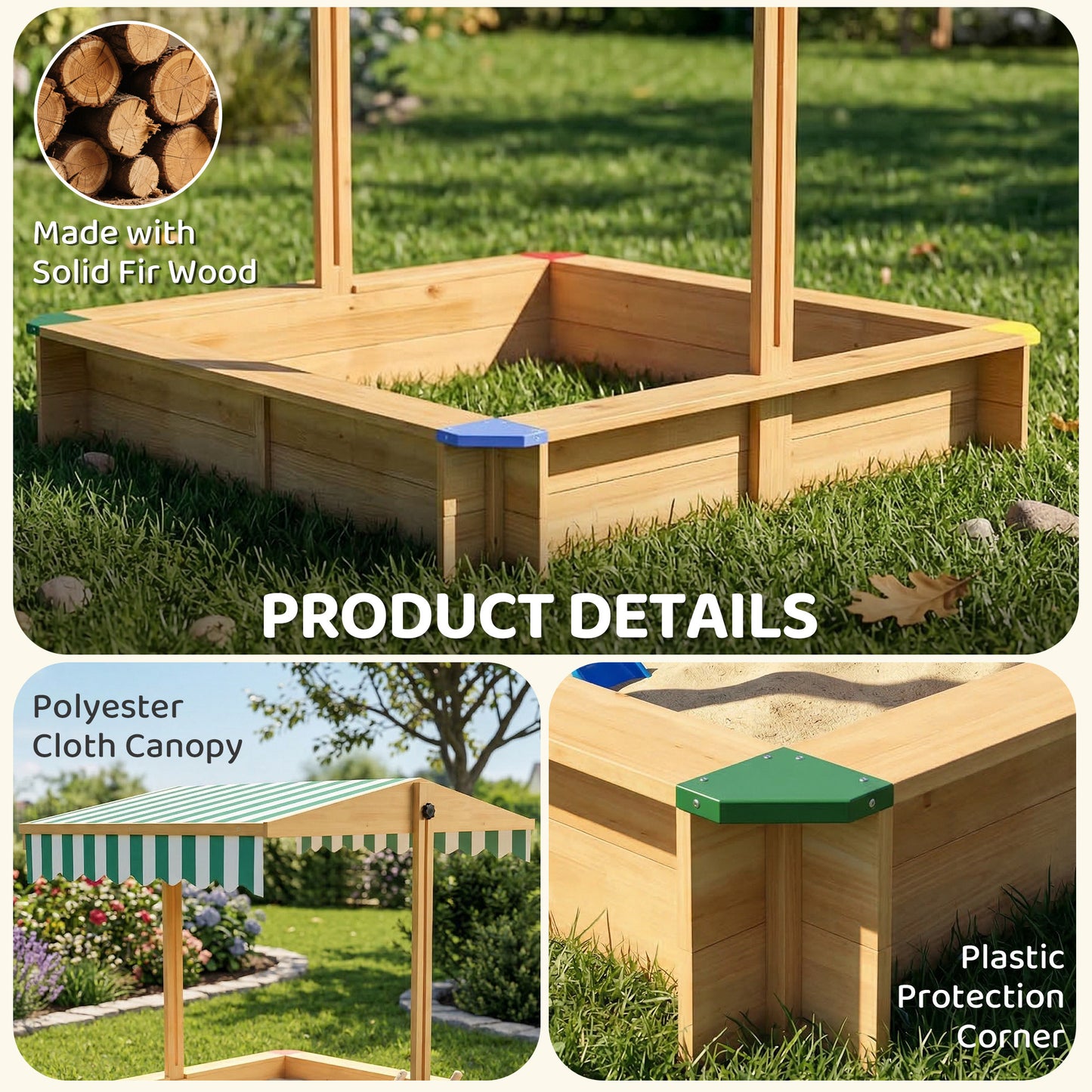 Wooden Sandbox with Cover, Kids Sandbox Outdoor with Adjustable Canopy and Seats for Backyard, Beach, Light Brown