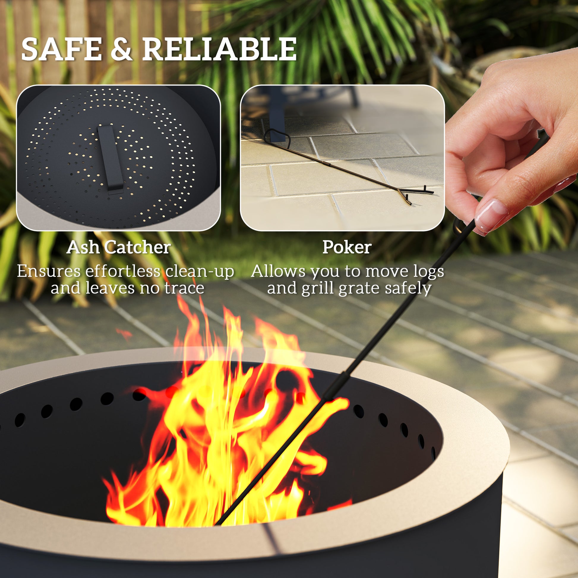 Outdoor Fire Pit, Round Firepit with Grill Grate, Fire Bowl with Ash Catcher and Poker for Backyard Camping Bonfire Picnic, Black