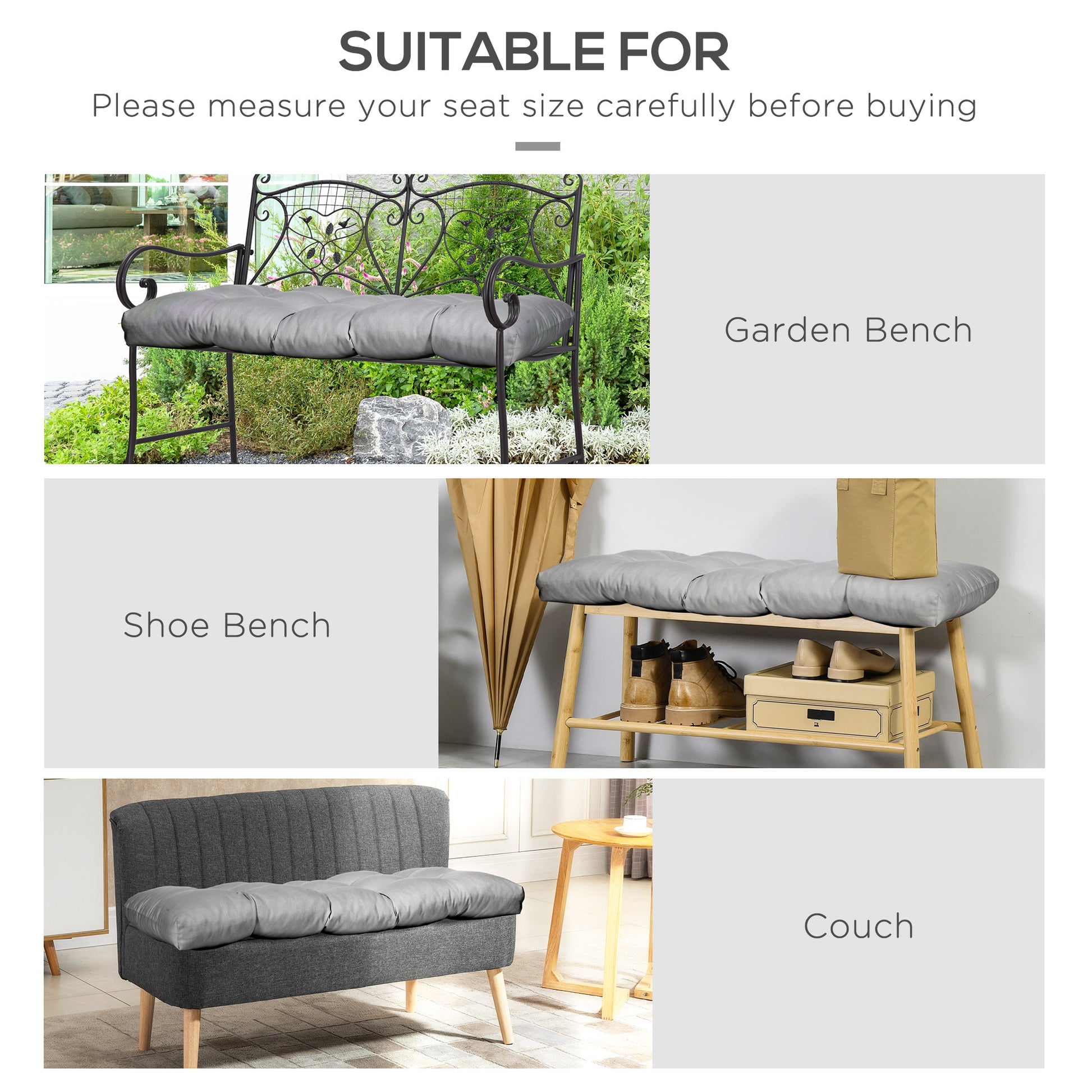 Set of 2 Patio Bench Replacement Cushions, 2 Seater Outdoor Loveseat Cushion Seat Pad, 43" x 19" x 3", Grey