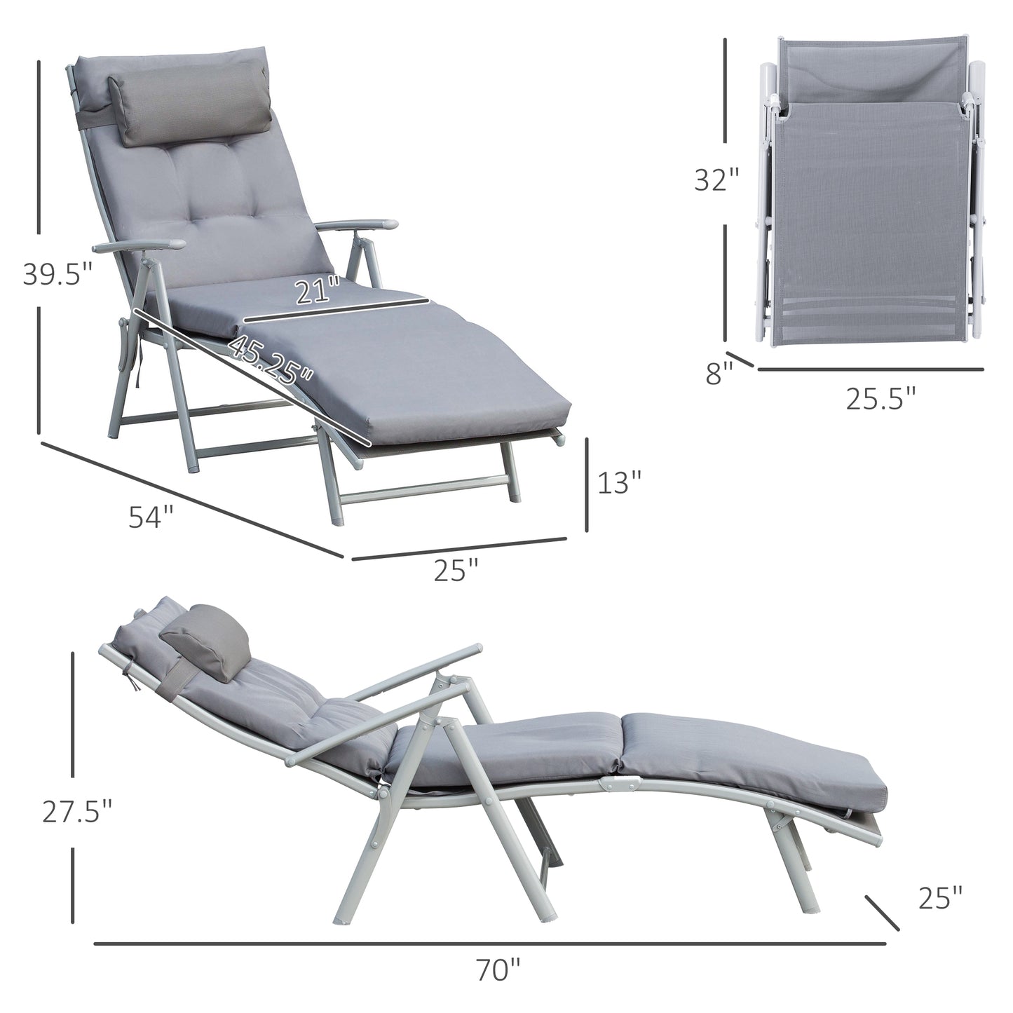 Lounge Chair Outdoor, Folding Patio Chaise Lounger, 360 lbs 7-Position Adjustable Back Outdoor Recliner with Cushion, Headrest for Garden, Backyard, Poolside, Grey