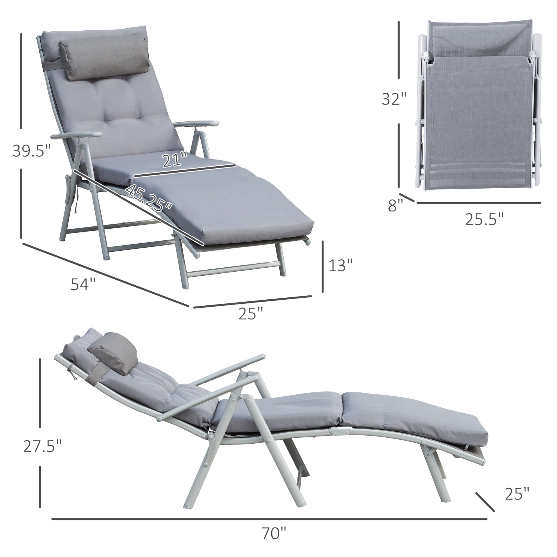 Lounge Chair Outdoor, Folding Patio Chaise Lounger, 360 lbs 7-Position Adjustable Back Outdoor Recliner with Cushion, Headrest for Garden, Backyard, Poolside, Grey