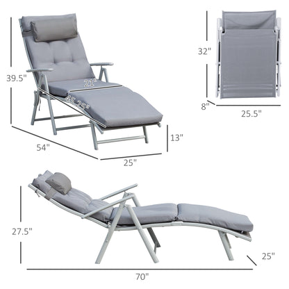 Lounge Chair Outdoor, Folding Patio Chaise Lounger, 360 lbs 7-Position Adjustable Back Outdoor Recliner with Cushion, Headrest for Garden, Backyard, Poolside, Grey