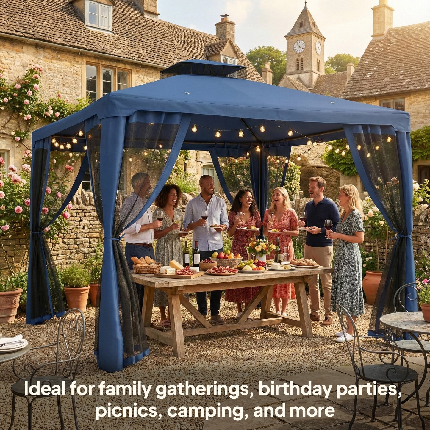9.6' x 9.6' Patio Gazebo Outdoor Pavilion 2 Tire Roof Canopy Shelter Garden, Steel Frame w/ Mosquito Netting, Dark Blue