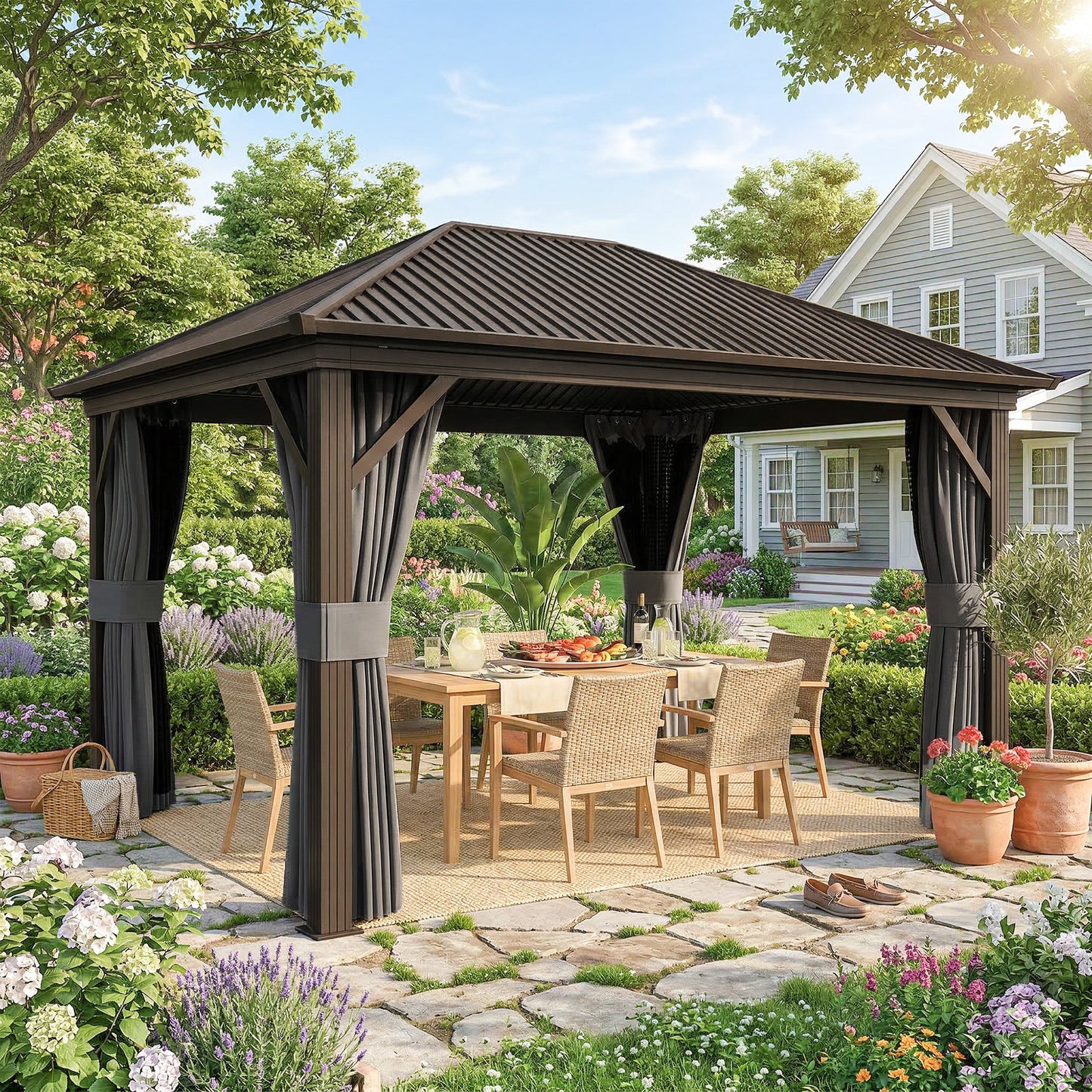 10' x 12' Outdoor Hardtop Gazebo Metal Roof Patio Gazebo with Aluminum Frame, Mesh Nettings, Dark Grey