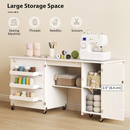 Sewing Machine Table with Drop Leaf, Folding Craft Table with 2 Doors and Adjustable Shelf for Small Spaces, White