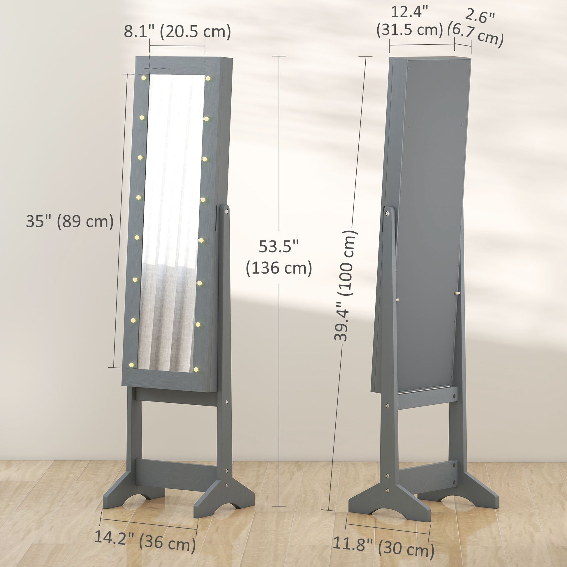 Free Standing Armoire Organizer, Lighted Mirrored Jewelry Cabinet w/ Angle Adjustable & 16 LED Lights, Grey