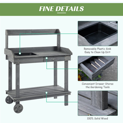 36" Wooden Potting Bench Work Table with 2 Removable Wheels, Sink, Drawer & Large Storage Spaces, Gray