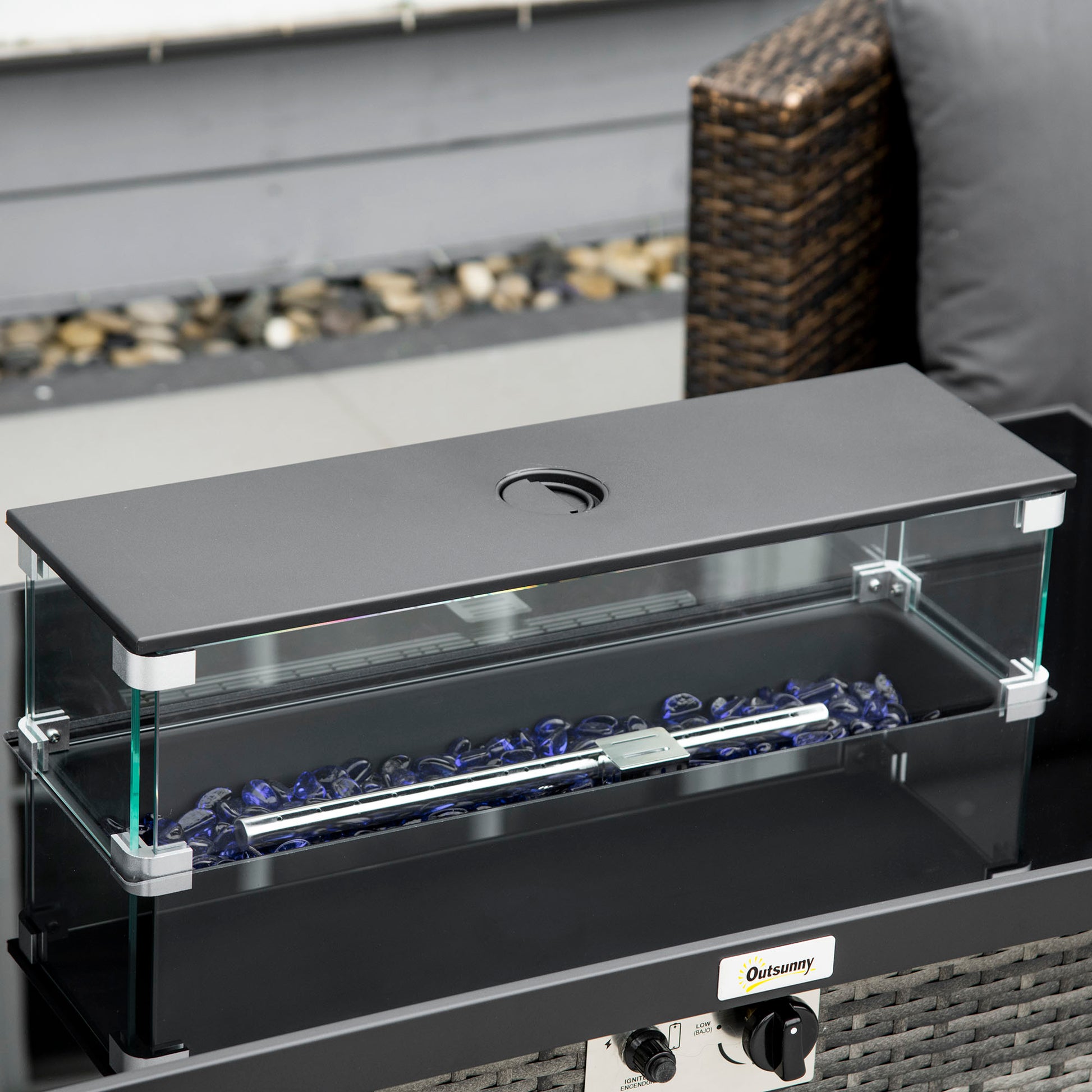 Propane Fire Pit Table 43" Outdoor Fire Table, 50,000 BTU Pulse-Ignition Wicker Firepit Furniture with Glass Wind Guard, Blue Glass Rock, CSA Certification, Grey