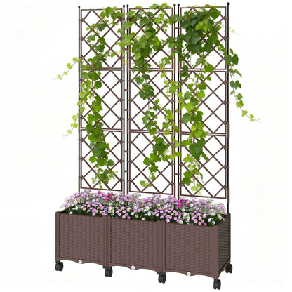 Plastic Raised Garden Bed with Trellis, Self Watering Planter Box with Wheels, Drainage Holes and Plugs