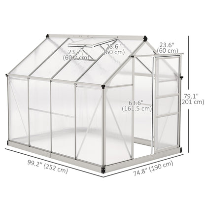 6' x 8' x 6.6' Polycarbonate Greenhouse, Walk-In Green House Kit Garden, Plants Grow, Galvanized Sheet Aluminum Frame with Rain Gutter, Vent and Sliding Door, Silver