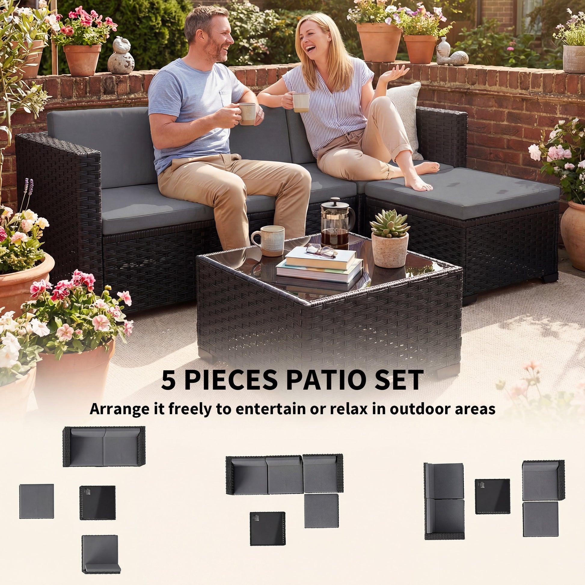 5 Piece Patio Furniture Set, L-Shape Wicker Outdoor Sectional with 3 Chairs, Ottoman, Glass Table, Cushions, Grey