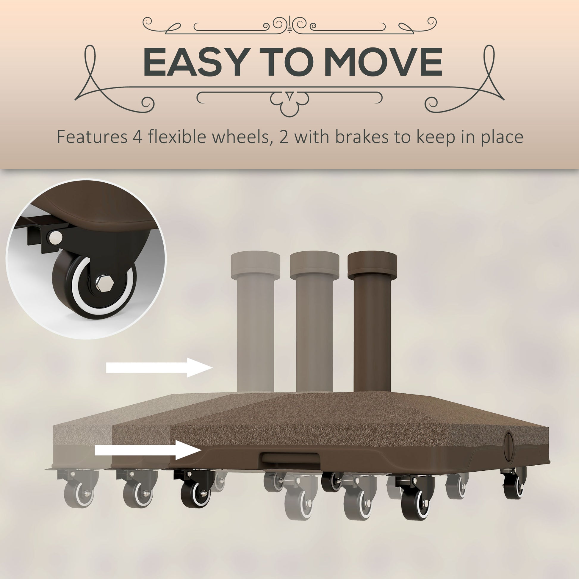 Square Parasol Base, Portable Umbrella Stand with Wheels, Water or Sand Filled, for Φ0.75" to Φ1.5" Poles, Brown
