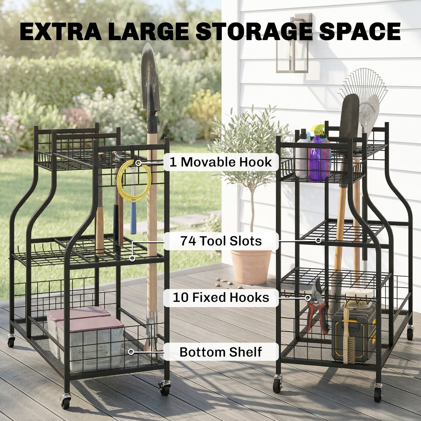 Garden Tool Organizer for Garage, 3-Tier Yard Tool Storage Rack with 74 Slots, 4 Wheels and 11 Hooks