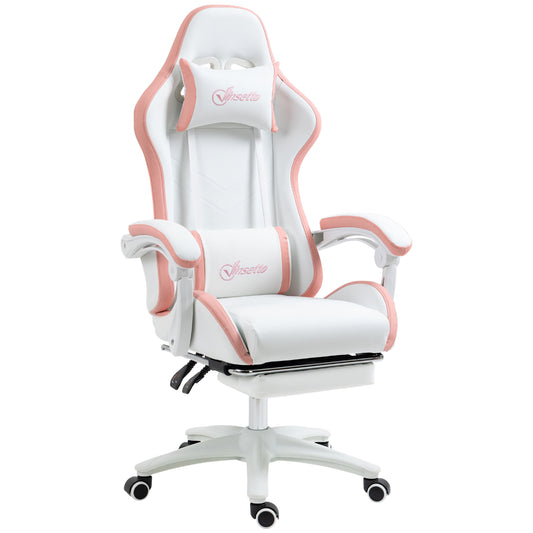Computer Gaming Chair, PU Leather Office Desk Chair with Footrest, Swivel Wheels, 135° Reclining Back, White