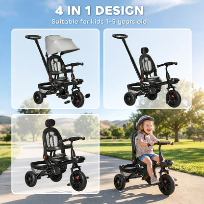 Qaba Tricycle for Toddler 4 in 1 Kids Trike, Foldable Converts Stroller to Toddler Bike, Adjustable Backrest & Curved Canopy, Detachable Guardrail & Handle for 1-5 Years Old, Grey