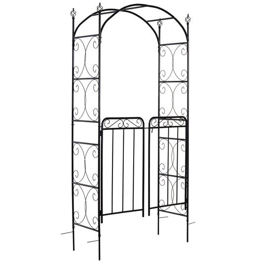 7' Metal Garden Arbor Arch with Scrollwork Doors for Ceremony, Weddings, Party, Backyard, Lawn