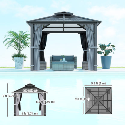 10' x 10' Hardtop Gazebo with 7mm Polycarbonate Double-Tier Roof, Outdoor Gazebo with Netting and Curtains, Dark Grey