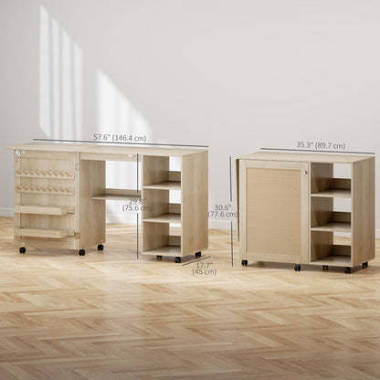 Sewing Machine Table with Drop Leaf, Folding Craft Table Rattan Door and Storage Shelves for Small Spaces, Natural