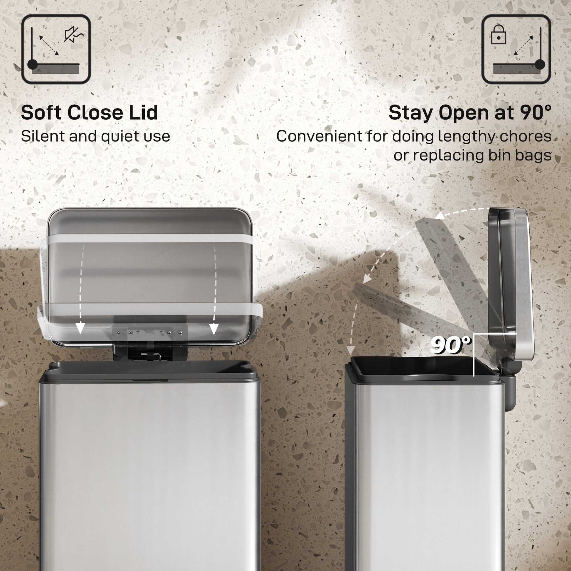 5.3 Gallon/20 L Garbage Bin with Soft Close Lid, Trash Can with Removable Inner Bucket for Kitchen, Office, Silver