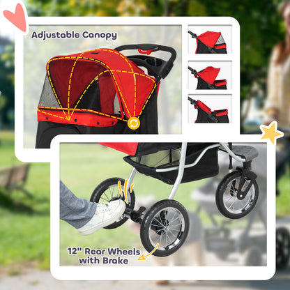 Pet Stroller for Small Dogs, 3 Rubber Wheels Pet Jogger, One-click Easy Folding All-Terrain Dog Stroller, Adjustable Canopy, Zippered Mesh Window Door, Storage Basket, Red